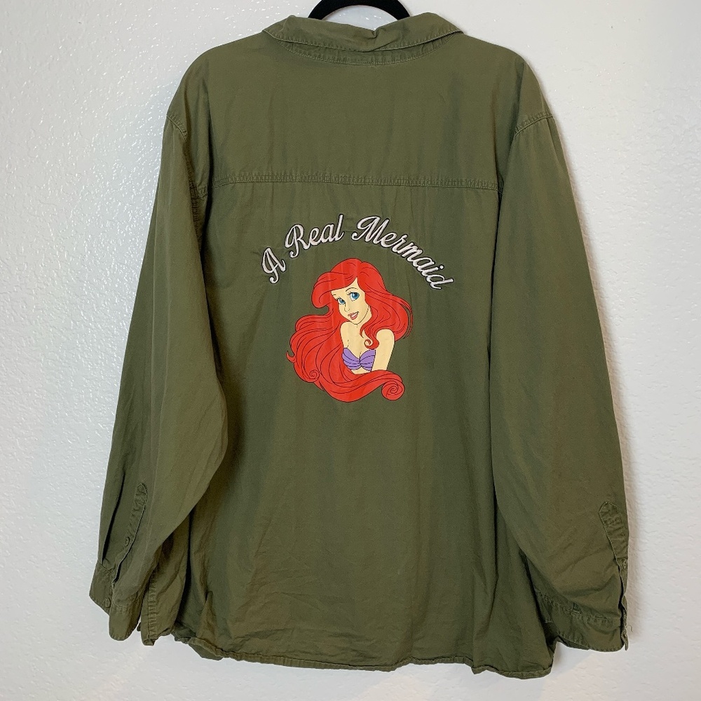 Disney Button Up Shirt Womens 6X Embroidered A Real Mermaid Ariel Army Green